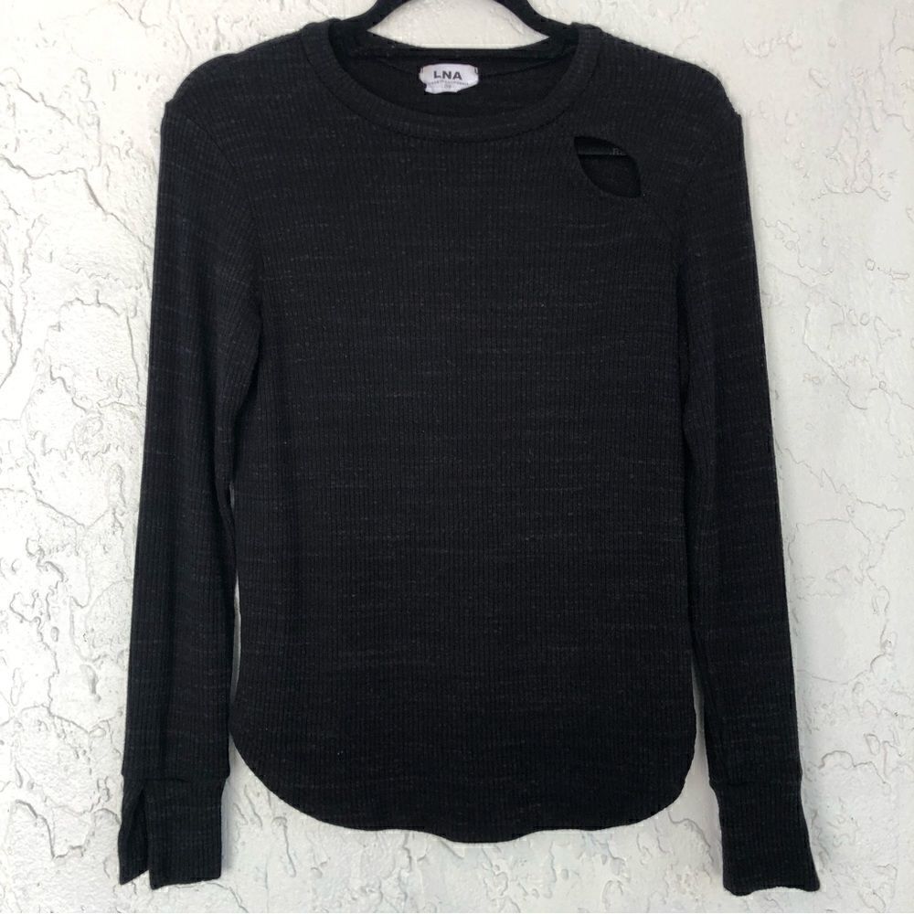 LNA Ribbed Knit Cut Out Chest Long Sleeve Gray Shirt Size XS‎